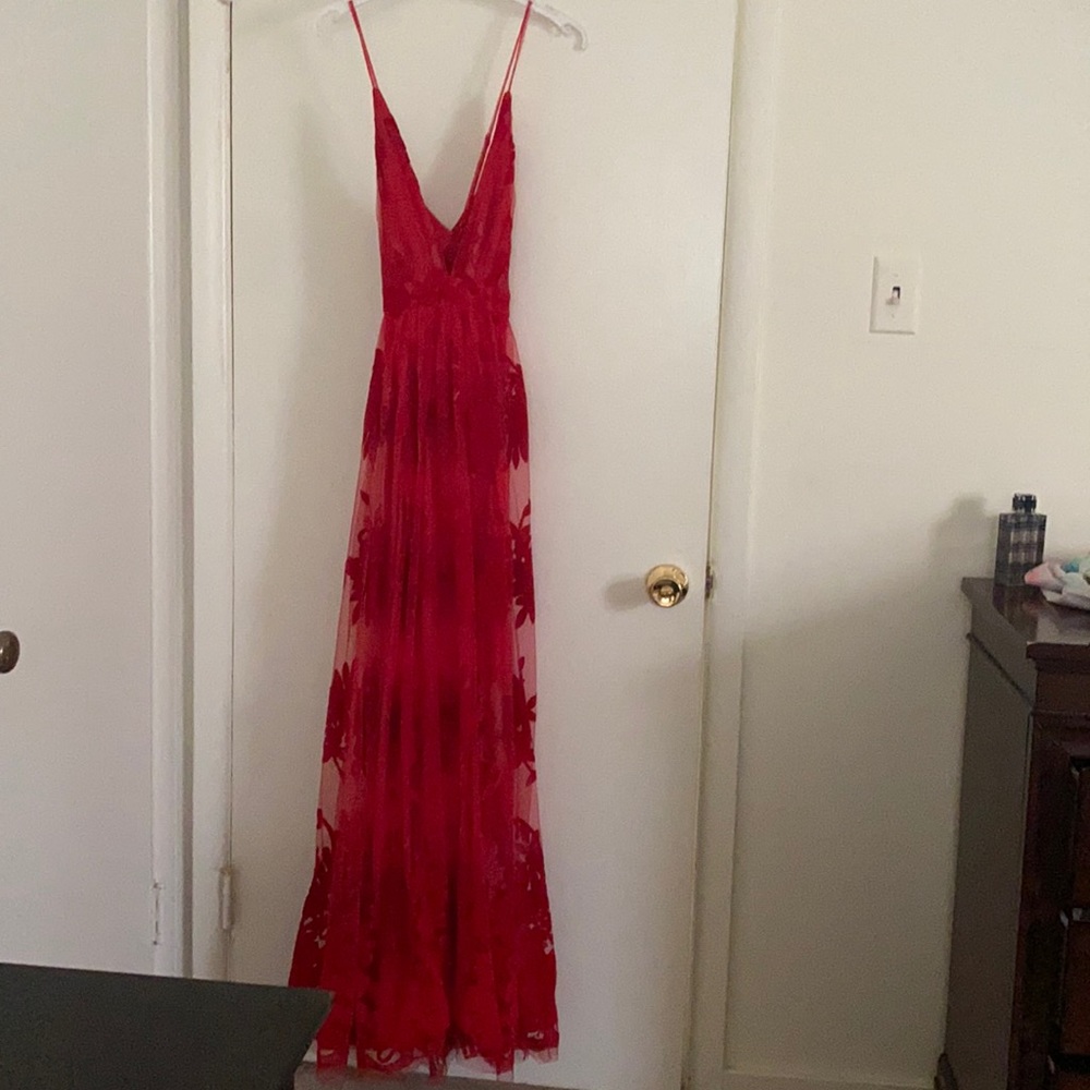 Maxi/ Red sheer/ velvet flowered dress.